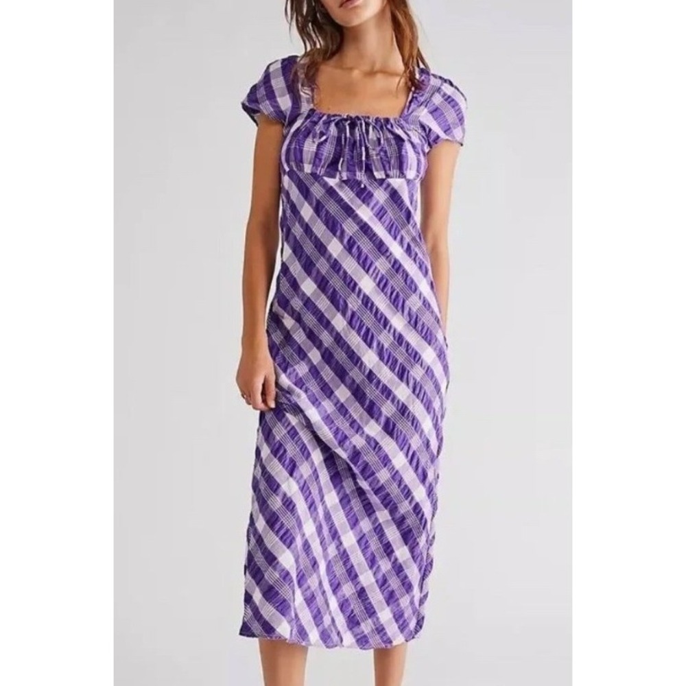 Free People Natalya Midi Dress Deep Purple Gingham Milkmaid Gauzy Material Small
